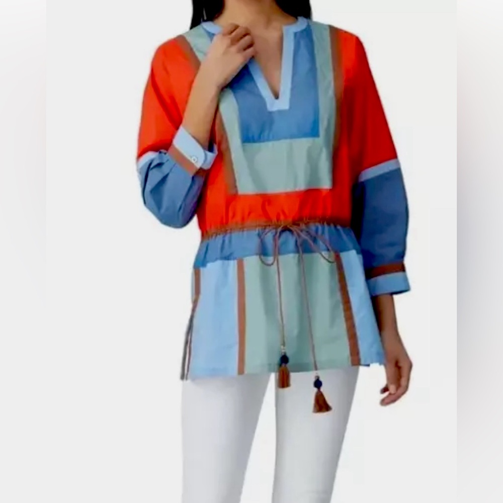 TORY BURCH COLOR-BLOCK POPLIN TUNIC Drawstring waist Size 14